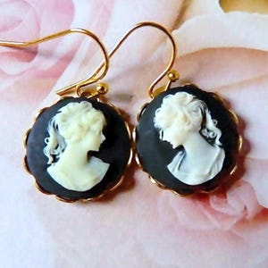Victorian Lady Cameo Earrings,  Gold Lever Backs Gold Cameo Earrings, Round Cameo Drop Earrings, Downton Abbey Cameo Jewelry