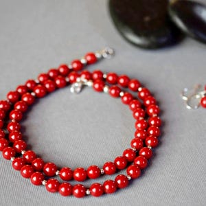 Red Coral Necklace & Matching Coral Earrings - Sterling Silver - Dark Red Necklace Handmade Coral Jewelry Gift Set Mother&#39;s Day Gift for Her