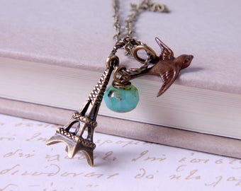 Eiffel Tower Gold Charm Necklace, Antique Gold Swallow & Turquoise Opal Bead, Long Pendant Necklace, Gift for Her, Paris Jewelry