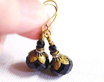Dainty Black Crystal Earrings: Antique Gold Leaf, Bohemian Victorian Style