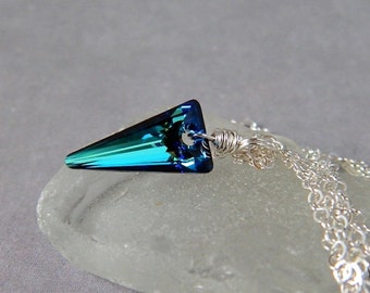 Deep Blue Bermuda Triangle Pendant Necklace, Sterling Silver Wire Wrap, Indigo Crystal Necklace, Dark Blue Necklace, Handmade Jewelry