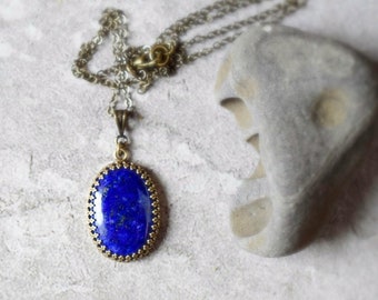 Bohemian Lapis Lazuli Pendant Necklace in Crown Bezel on Long Antique Gold Chain