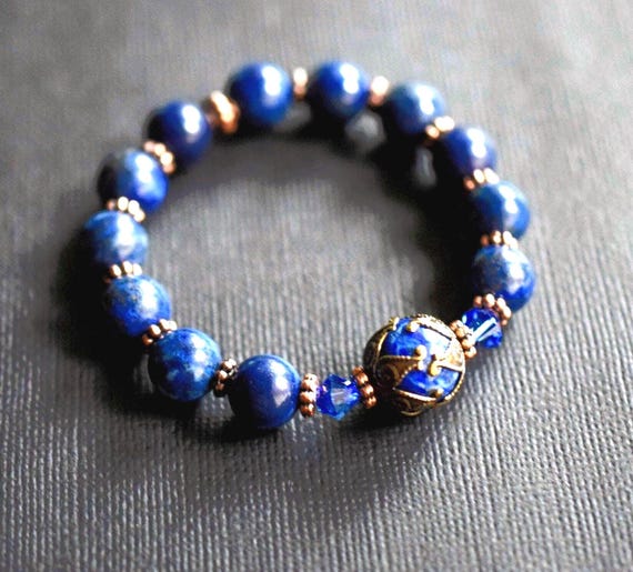 Victorian Lapis Lazuli Stretch Bracelet, Sapphire Blue Crystal Centerpiece Personalized Gift