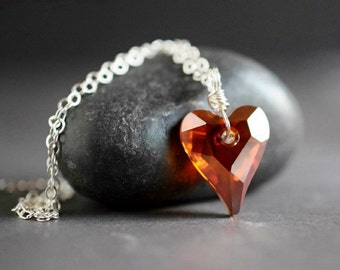 Red Magma Crystal Heart Pendant Necklace on Sterling Silver Chain, Personalized Jewelry, 14k Gold Filled Option