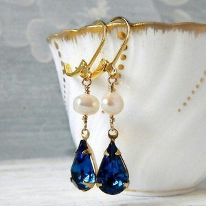 Capri Blue & Freshwater Pearl Earrings Gold, Long Earrings Pearl, Indigo Navy Bridal Wedding Jewelry image 1