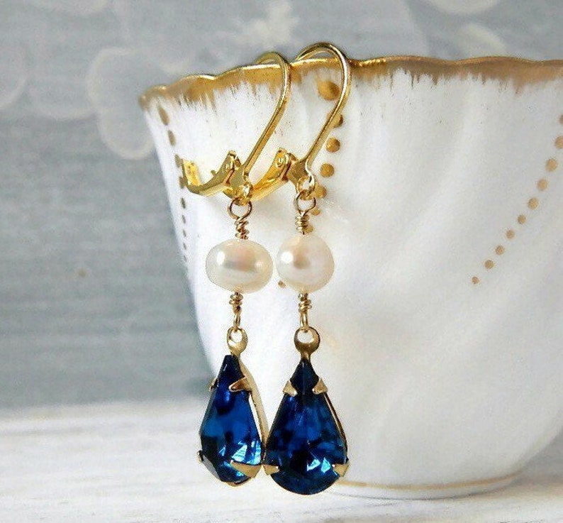 Capri Blue & Freshwater Pearl Earrings Gold, Long Earrings Pearl, Indigo Navy Bridal Wedding Jewelry image 1