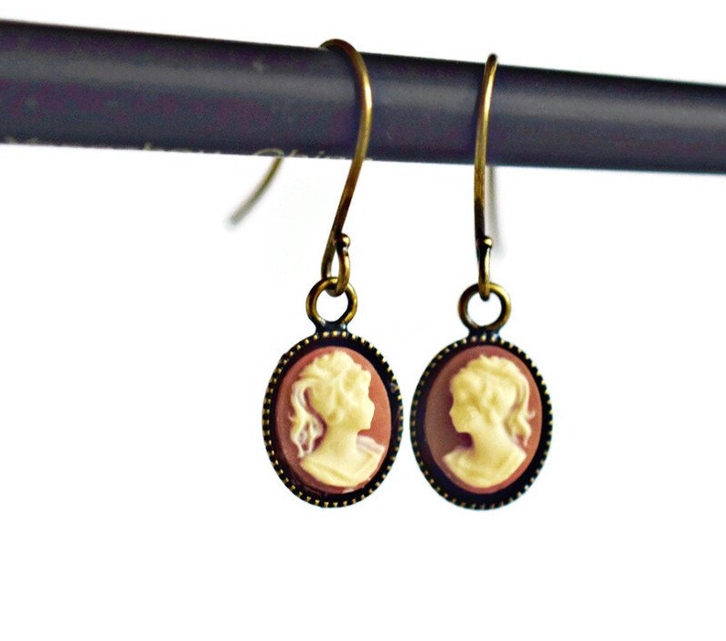 Mini Gold Cameo Earrings in Ivory & Carnelian Cameo Drop Earrings, Gifts for Her Victorian Jane Austin Style image 4