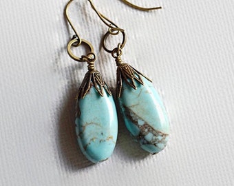 Boho Turquoise Earrings, Long Turquoise Teardrop Earrings, Turquoise Stone Earrings, Bling Lively Statement Earrings, Antique Gold Earrings