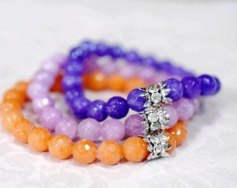 Beaded Stretch Bracelet Set of 3 Wrap Agate Bracelets, Purple & Orange Stone Bracelet, Gemstone Jewelry, Gifts for Her