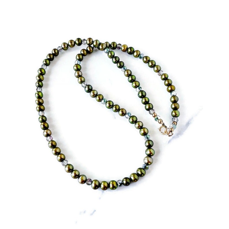 Green Pearl Necklace with Crystals, Freshwater Pearl Necklace & 14k Gold Filled, Gift for Her, Mother, Daughter image 6