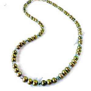 Green Pearl Necklace with Crystals, Freshwater Pearl Necklace & 14k Gold Filled, Gift for Her, Mother, Daughter image 4