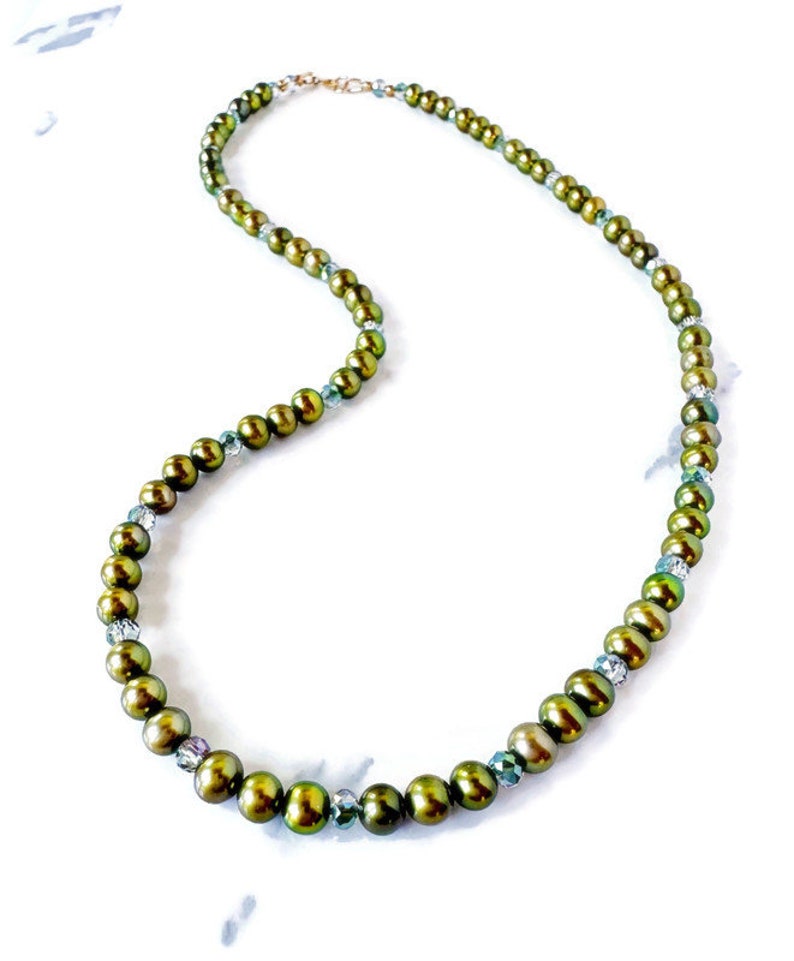 Green Pearl Necklace with Crystals, Freshwater Pearl Necklace & 14k Gold Filled, Gift for Her, Mother, Daughter image 4