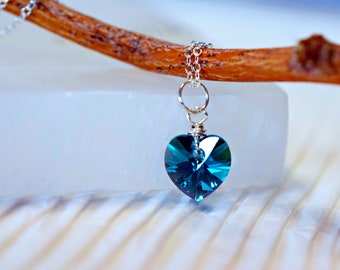 Bermuda Blue Crystal Heart Necklace, Blue Heart Necklace, Small Heart, Sterling Silver, Personalized Jewelry, Gift for Her