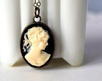 Goth Cameo Necklace, Lady Cameo Pendant, Black Cameo Drop on Antique Gold Chain, Right or Left Cameo, Downton Abbey Cameo Jewelry