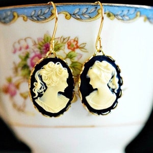 Black Gold Cameo Earrings Dainty Drops, Small Cameo Dangle Earrings, Oval Victorian Lady Cameo Earrings, Cameo Jewelry