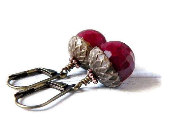 Red Carnelian Acorn Earrings Vintage Antique Brass Burgundy Stone Dangle Drops Gemstone Jewelry Mother’s Day Gift