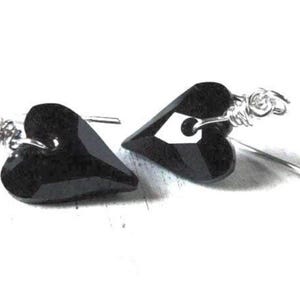 Petite Black Heart Earrings Sterling Silver Wire Wrapped Black Earrings Black Drop Earrings Handmade Jewelry Birthday Gift for Her