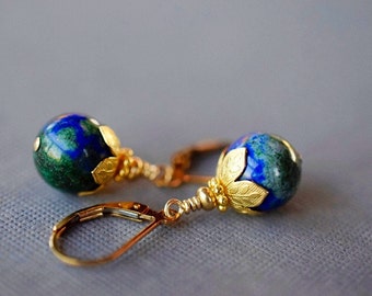 Gold Leaf Chrysocolla Earrings Gold Filled, Dainty Indigo Emerald Stone Earrings, Blue Green Drop Earrings, Elegant Gemstone Jewelry Gifts