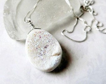 Tiny Druzy Necklace on Sterling Silver Chain - White Oval Raw Crystal Geode Stone Pendant - Birthday Gift for Wife