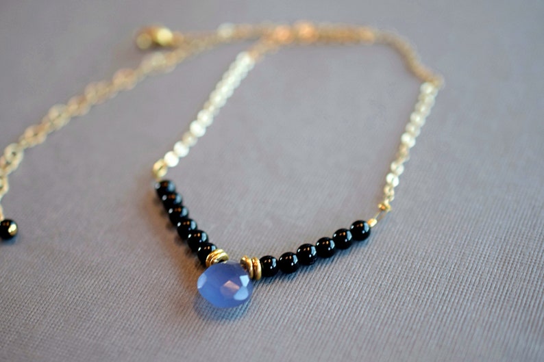 Black Onyx Bar Necklace /& Amber Chalcedony Teardrop on Gold Chain Minimal Choker Mothers Day Gift Everyday Necklace