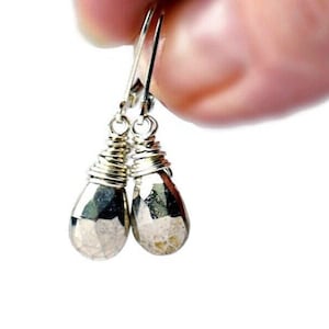 Moon Dust Pyrite Earrings Sterling Silver Wire Wrapped Small Briolette Dangle Earrings Silver Stone Drops Gemstone Jewelry Birthday Gift