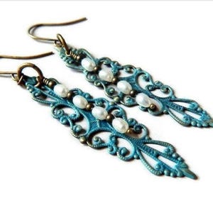 Patina Blue Teal Filigree Pearl Earrings: Boho Dangle Bridal Jewelry image 5