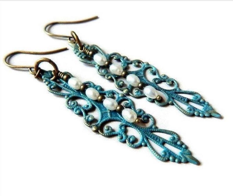 Patina Blue Teal Filigree Pearl Earrings: Boho Dangle Bridal Jewelry image 5