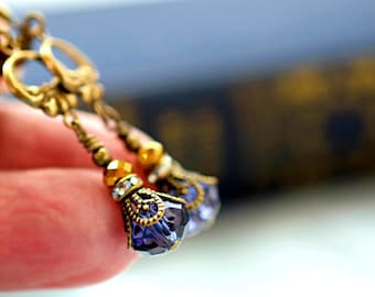 Victorian Blue Purple Crystal Drop Earrings: Antique Gold Brass