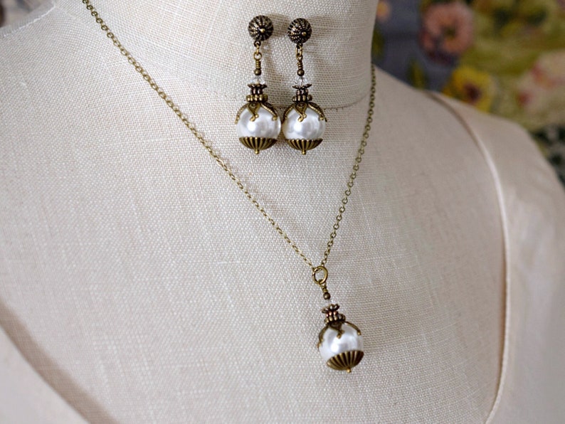 Shell Pearl Earrings, White Ball Pearl Drop Earrings, Vintage Style Antique Gold, Wedding Jewelry, Bridal Pearl Dangle Earrings image 5