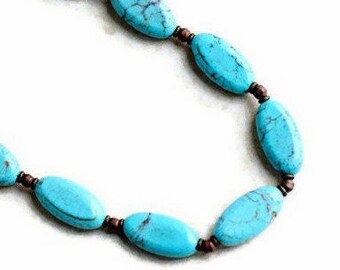 Bohemian Turquoise Necklace with Hematite & Leather Cord, Rustic Turquoise Stone Necklace Southwestern, Gemstone Jewelry, Gifts for Her