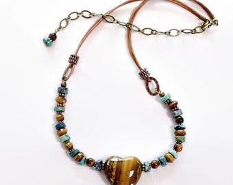 Bohemian Turquoise Necklace Tiger’s Eye Heart Pendant, Beaded Stone, Copper, Leather, Gemstone Personalized Jewelry, Bold Statement