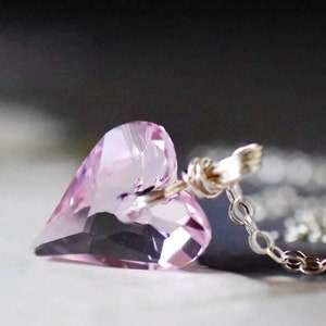 Rosaline Pink Heart Necklace in Sterling Silver - Blush Pink Necklace - Tiny Crystal Heart Pendant - Minimalist Jewelry Birthday Gift