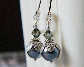 Grey Victorian Pearl Earrings with Black Diamond Crystals - Antique Silver Leaf - Wedding Jewelry - Gray Bridal Pearl Drops