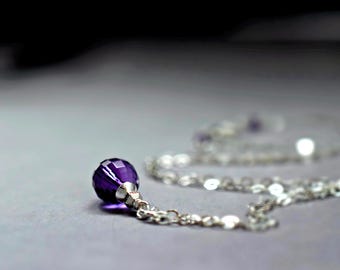 Amethyst Crystal Necklace, Sterling Silver, Faceted Gemstone Purple Pendant