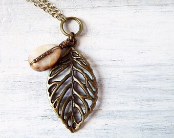 Rustic Patina Leaf Necklace & Cream Jasper Pendant - Long Bohemian Stone Necklace