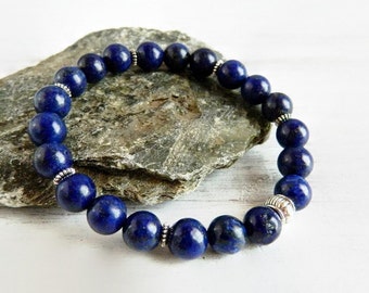 Mens Lapis Bracelet - Navy Lapis Lazuli Stretch Bracelet - Blue Stone Bracelet - Gift for Him - Beaded Gemstone Lapis Jewelry