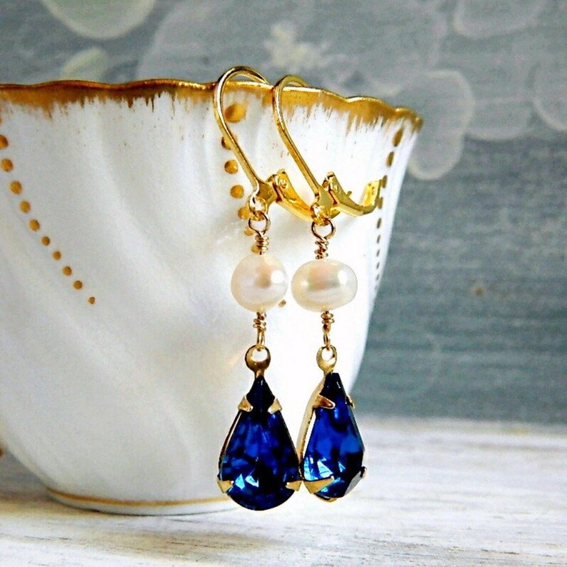 Capri Blue & Freshwater Pearl Earrings Gold, Long Earrings Pearl, Indigo Navy Bridal Wedding Jewelry image 8