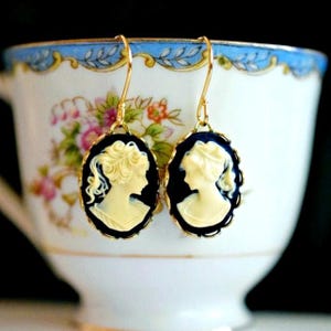 Black Gold Cameo Earrings Dainty Drops, Small Cameo Dangle Earrings, Oval Victorian Lady Cameo Earrings, Cameo Jewelry