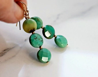 Green Chrysoprase Earrings, 14k Gold Filled, Triple Stacked Earrings, Green Stone Dangles, Turquoise Earrings, Coin Faceted Gemstone Jewelry