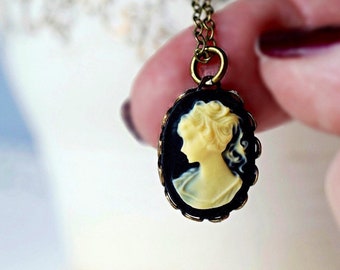 Small Cameo Choker Necklace, Victorian Lady Cameo Pendant, Antique Gold Brass Chain, Cameo Jewelry