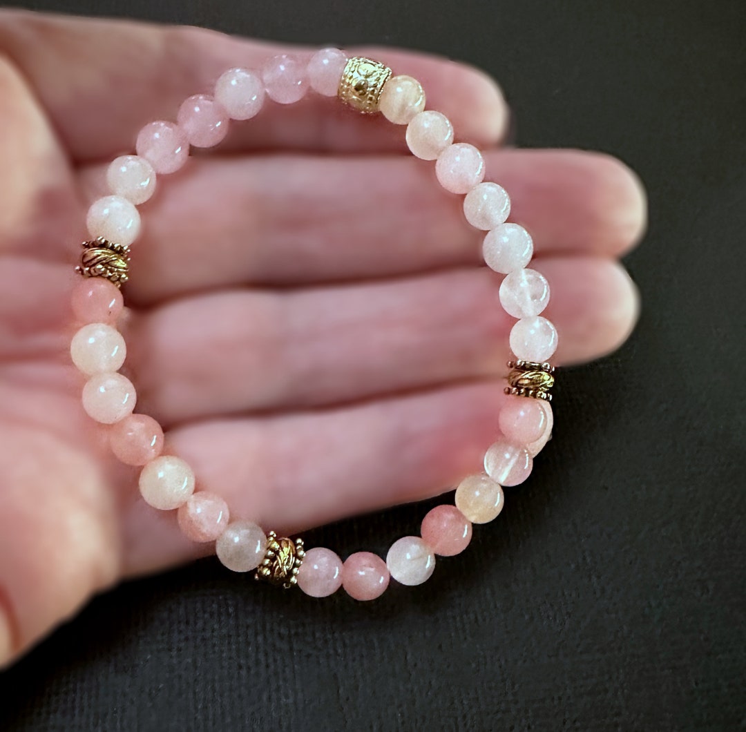 Beaded Pink Quart Gemstone Bracelet Rose Quartz Bracelet Stretch Gold