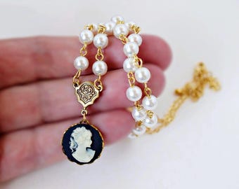 Victorian Black Cameo Pearl Necklace: Czech Glass Pearls, Gold Chain