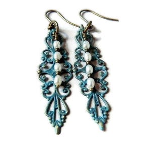 Patina Blue Teal Filigree Pearl Earrings: Boho Dangle Bridal Jewelry Patina Blue Teal