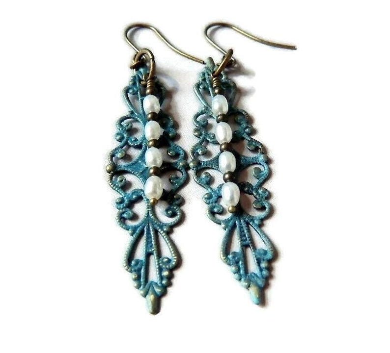 Patina Blue Teal Filigree Pearl Earrings: Boho Dangle Bridal Jewelry Patina Blue Teal