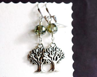 Green Crystal Tree Dangle Earrings, Antique Silver Weeping Willow Charms