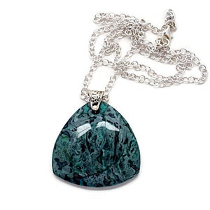 Green Jasper Necklace, Lotus Stone Pendant Necklace, Big Impact Triangle, Silver Hypoallergenic Chain, Green Gemstone Necklace Birthday Gift