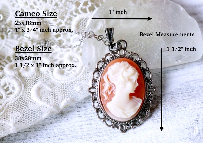 May include: A silver cameo pendant with a red and white cameo featuring a woman's profile. The pendant is 1 1/2 inches tall and 1 inch wide. The cameo is 1 inch tall and 3/4 inch wide.
