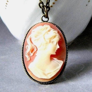 Carnelian Woman Cameo Pendant Necklace Antique Gold Brass Chain - Birthday Gifts For Her