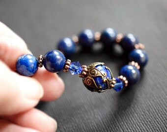 Pulsera elástica victoriana de lapislázuli, cristal azul zafiro, latón dorado antiguo, regalo personalizado