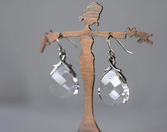 Clear Crystal Earrings Faceted Briolette Dangle Earrings Totally Transparent